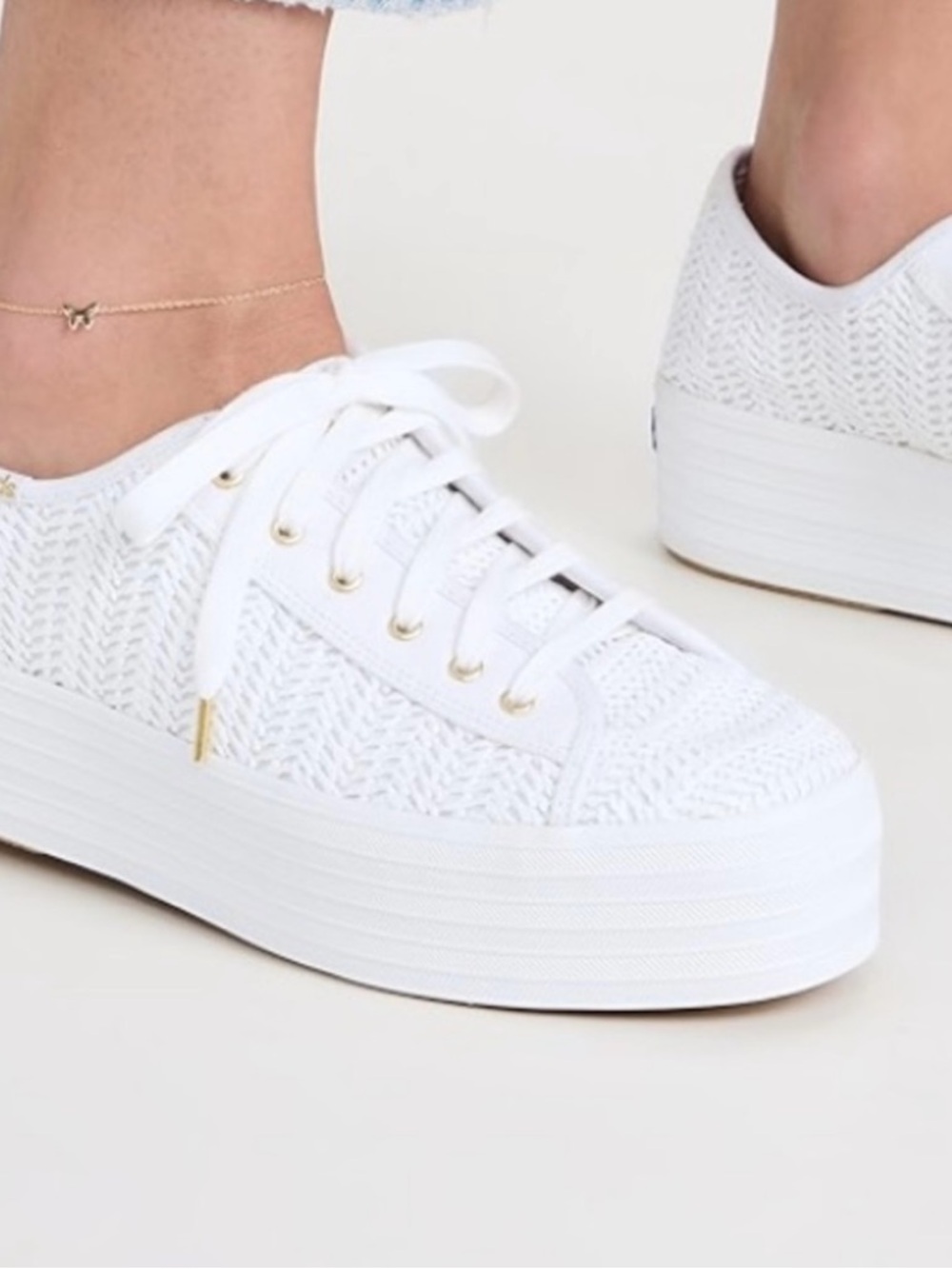 Keds White Knit Platform Sneakers with Gold Accent